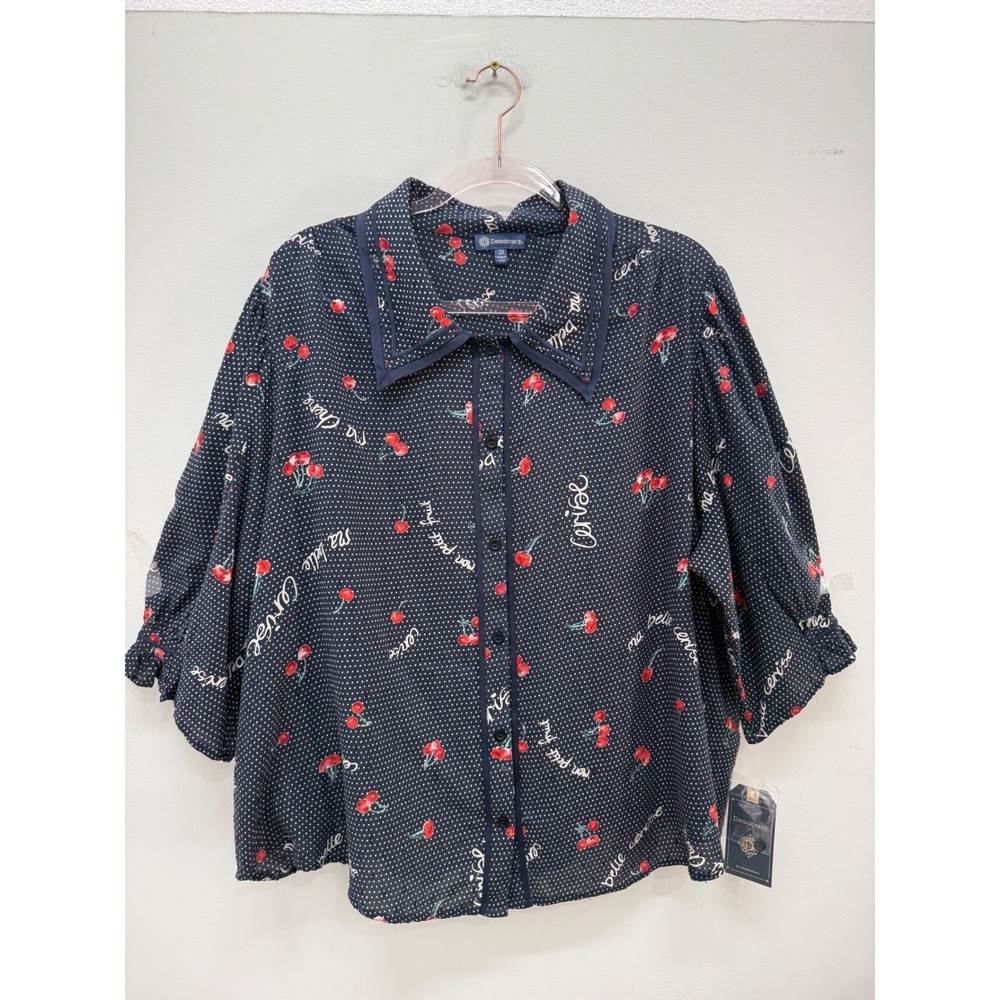 Democracy Button Down Blouse 3X Navy Blue Polka Dot Cherry Print Puff Sleeve